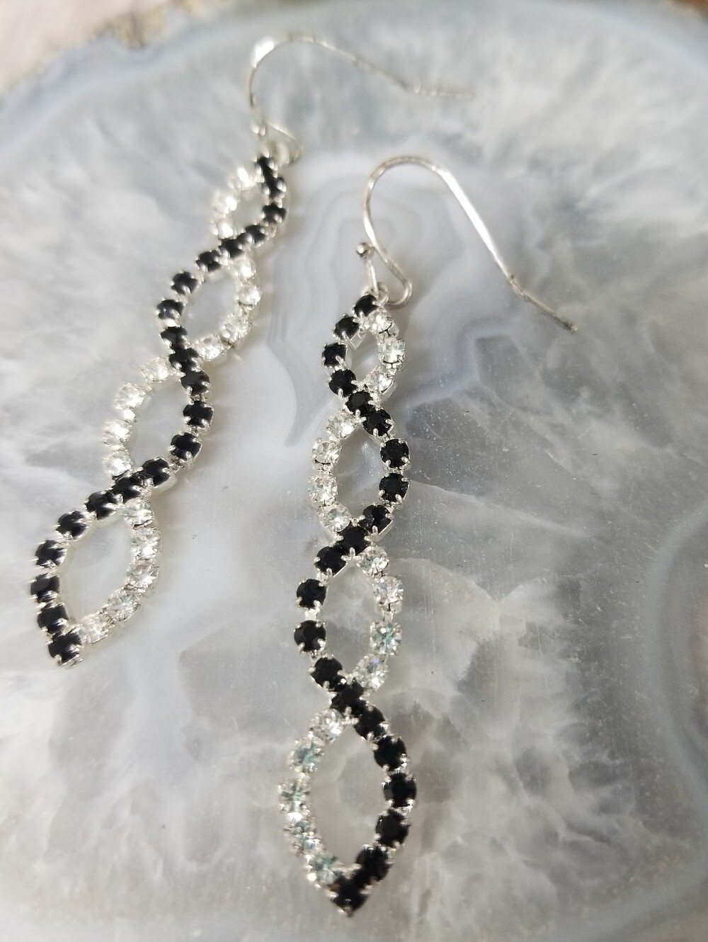 Sparkly Drop Earrings Black/Silver Rhinestones